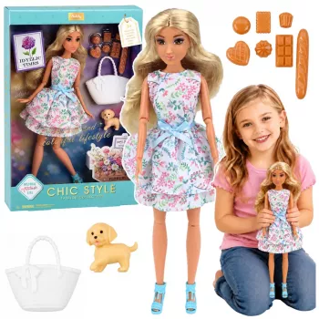 LEAN TOYS Anlily lėlė su šuneliu, gėlėta suknele, rankine, užkandžiais ir aksesuarais
