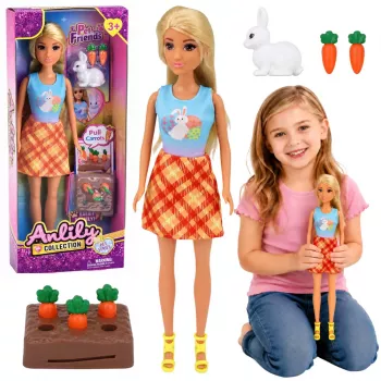 LEAN TOYS Anlily Lėlė su Baltu Triušiu ir Morkomis bei Morkų Stovu