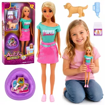 LEAN TOYS Anlily lėlė su šuniuku ir lova aksesuarų rinkinys