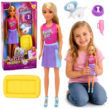 LEAN TOYS Anlily Lėlė su Baltu Šuneliu, Antkakliu, Lovyte ir Aksesuarų Rinkiniu