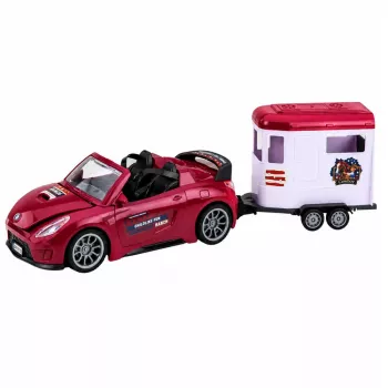 LEAN TOYS Burgundy Convertible Car With Horse Trailer Opening Doors Set 1:24 Die-cast
