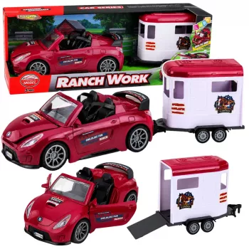 LEAN TOYS Burgundy Convertible Car With Horse Trailer Opening Doors Set 1:24 Die-cast