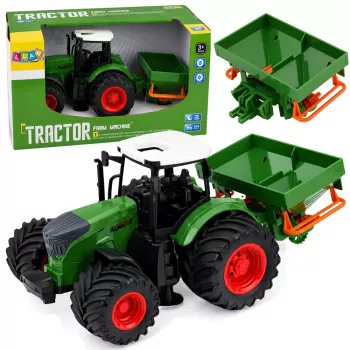LEAN TOYS Žemės ūkio traktorius su sėjamąja, guminiai ratai, 1:24 mastelio žaislinė transporto priemonė