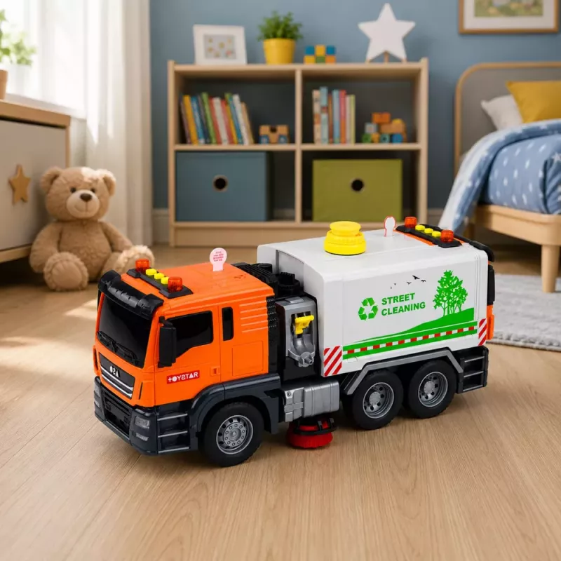 LEAN TOYS Gatvės šlavimo sunkvežimis su vandens purškimo sistema, šviesomis ir garsu