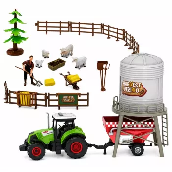 LEAN TOYS Ūkio komplektas su traktoriumi, tvartu, silosu, figūrėlėmis, gyvūnais, įrankiais – 49 dalys