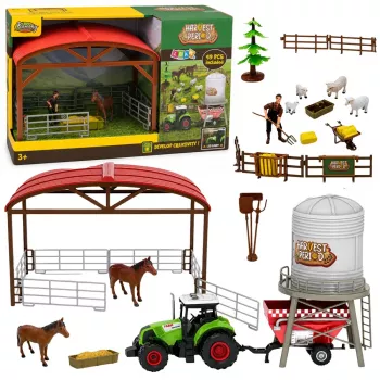 LEAN TOYS Ūkio komplektas su traktoriumi, tvartu, silosu, figūrėlėmis, gyvūnais, įrankiais – 49 dalys