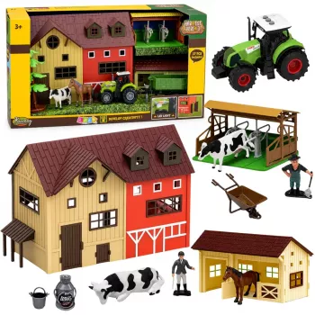 LEAN TOYS Ūkio rinkinys su traktoriumi, tvartu ir gyvūnų figūrėlėmis – 37 dalys