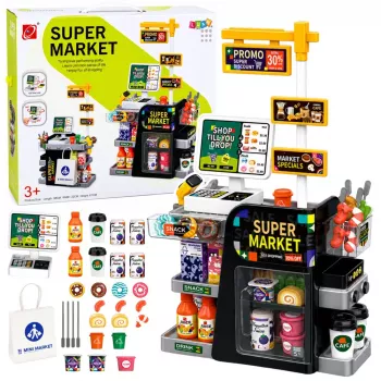 LEAN TOYS Supermarket Cash Register Scanner Beverage Dispenser Lights Sounds 65 pcs.