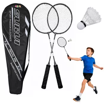 LEAN TOYS Badmintono komplektas su raketėmis, volanais ir dėklu, juodas