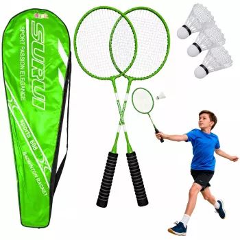 LEAN TOYS Badminton Set su 2 raketėmis, 3 volanais ir dėklu, žalia