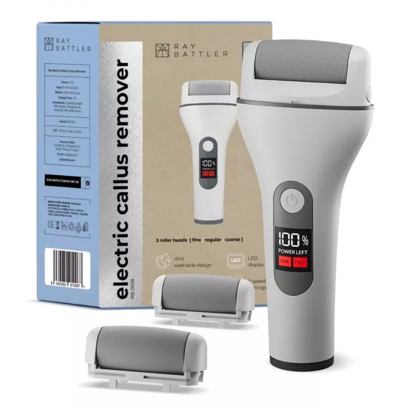 Ray Battler RB 0018 Callus Remover - Electric Rechargeable Foot File with 3 Roller Heads, IPX7 Waterproof, Wet & Dry Use