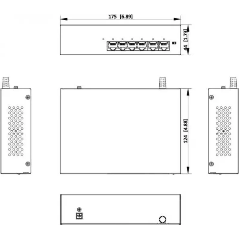 Hikvision DS-XS06-P(O-STD) 6 prievadų nevaldomas PoE+ jungiklis (4 PoE prievadai, 2 Gigabit kylantys ryšiai, 60 W biudžetas, DIN bėgelis)