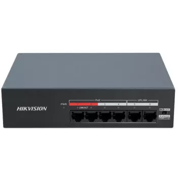 Hikvision DS-XS06-P(O-STD) 6 prievadų nevaldomas PoE+ jungiklis (4 PoE prievadai, 2 Gigabit kylantys ryšiai, 60 W biudžetas, DIN bėgelis)