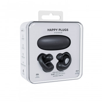 Happy Plugs Clip belaidės ausinės su atviru dizainu ir užsegimu (Juodos)
