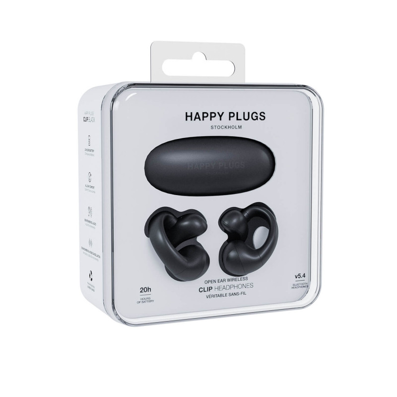Happy Plugs Clip belaidės ausinės su atviru dizainu ir užsegimu (Juodos)