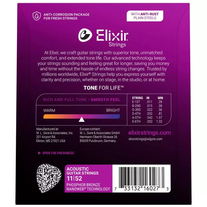 Elixir Strings 16027 Phosphor Bronze Custom Light NANOWEB akustinės gitaros stygos (11-52)