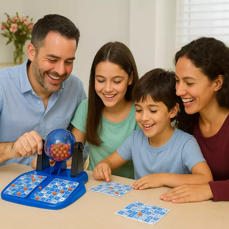 Koala Games G2592 Bingo žaidimas – 75 kamuoliukų, 48 kortelių, 150 žetonų, metalinis narvelis, šeimos pramoga