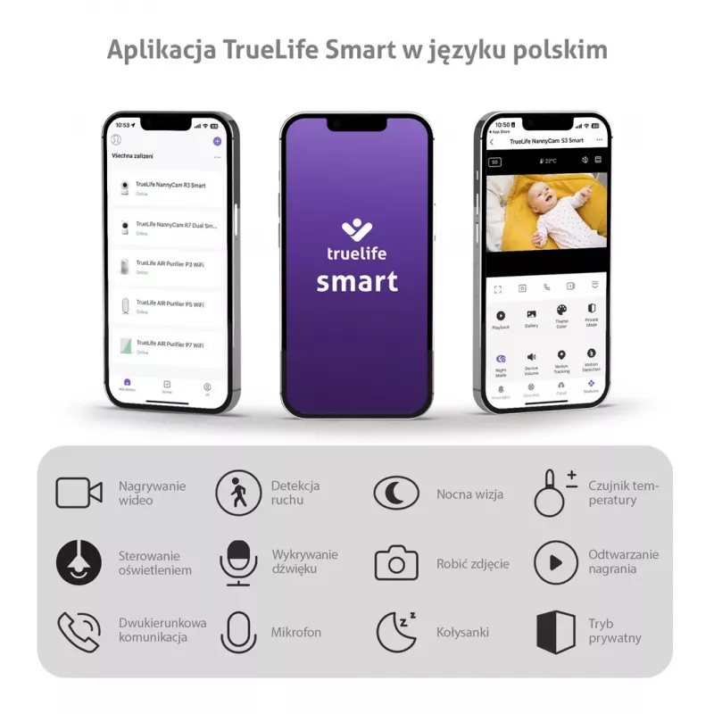 TrueLife NannyCam S3 Smart Video Baby Monitor su 3.2 colio spalvotu LCD ekranu, 720p HD, Wi-Fi, naktiniu matymu, dvipusiu garsu, temperatūros jutikliu, lopšinėmis, VOX, judesio detektoriumi, 300 m lauko veikimo nuotoliu