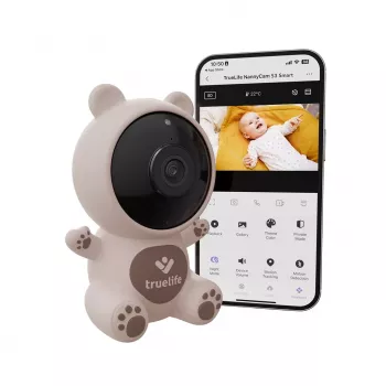 TrueLife NannyCam S3 Smart Video Baby Monitor su 3.2 colio spalvotu LCD ekranu, 720p HD, Wi-Fi, naktiniu matymu, dvipusiu garsu, temperatūros jutikliu, lopšinėmis, VOX, judesio detektoriumi, 300 m lauko veikimo nuotoliu