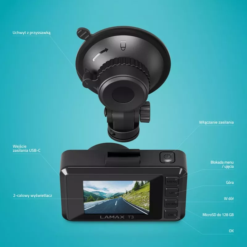 LAMAX T3 Dashcam Full HD 1080p 140° Wide Angle su G-Sensor ir Parkavimo režimu