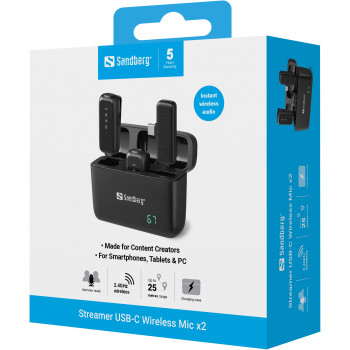 SANDBERG Streamer USB-C belaidžiai mikrofonai x2 - dviejų mikrofonų rinkinys - 20 Hz - 20 kHz