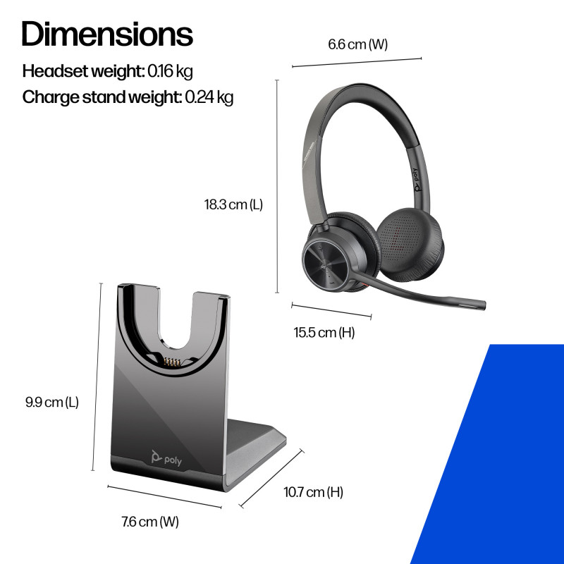 Plantronics Voyager 4320 UC belaidė Bluetooth ausinė su įkrovimo stoveliu, USB-A adapteriu, sertifikuota Microsoft Teams, juoda