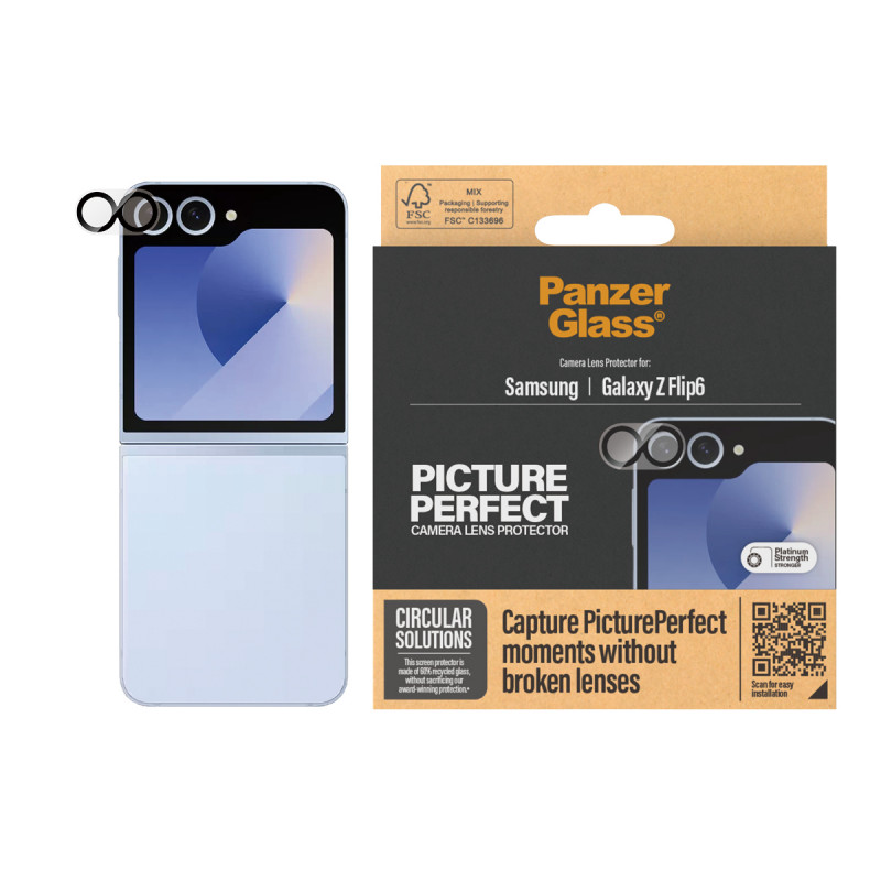 PanzerGlass PicturePerfect fotoaparato objektyvo apsauga, skirta Samsung Galaxy Z Flip6 (F741, F7374) – itin skaidrus grūdintas stiklas, 9H kietumas, atsparus įbrėžimams ir smūgiams, oleofobinė danga, lengvas įrengimas