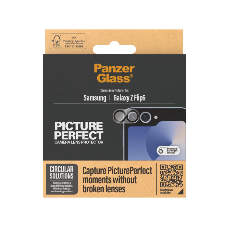 PanzerGlass PicturePerfect fotoaparato objektyvo apsauga, skirta Samsung Galaxy Z Flip6 (F741, F7374) – itin skaidrus grūdintas stiklas, 9H kietumas, atsparus įbrėžimams ir smūgiams, oleofobinė danga, lengvas įrengimas