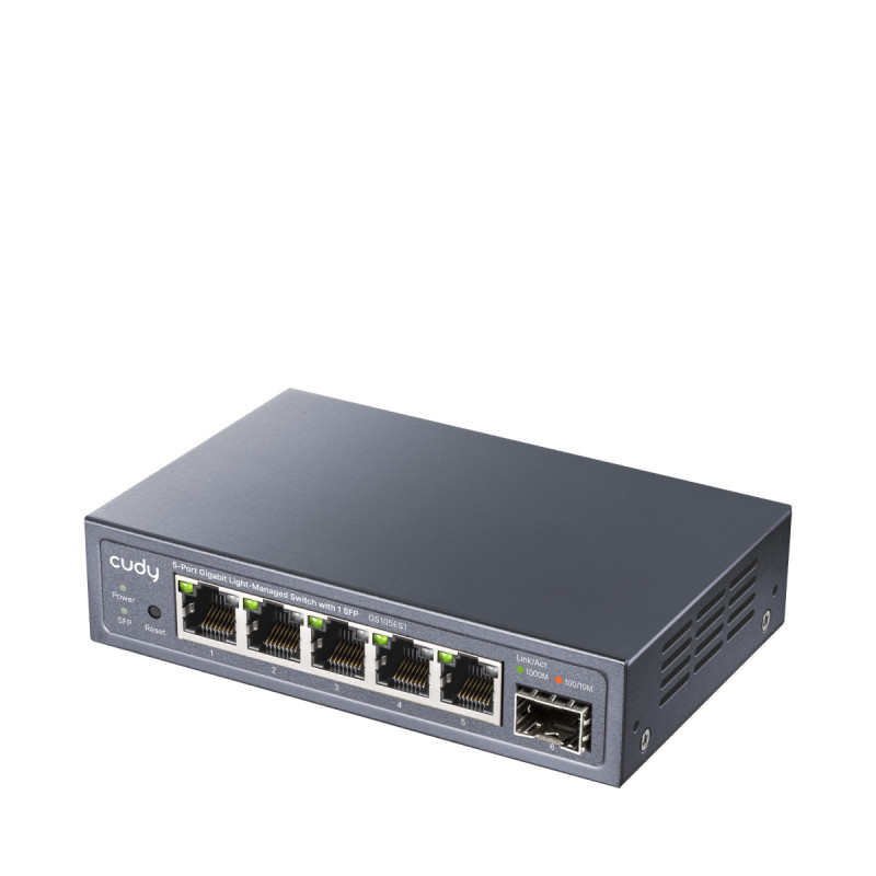 CUDY GS105ES1 5 prievadų Gigabit lengvai valdomas komutatorius su 1 SFP, 4 RJ45, VLAN, QoS, skirtas stalui