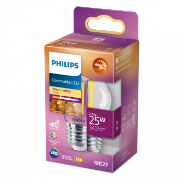 Philips LED Classic WarmGlow P45 skaidri, pritemdoma E27 lemputė, 2.3W, 250lm, 2200-2700K