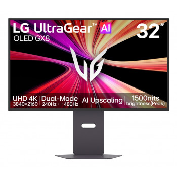 LG UltraGear Evo AI 32GX870B-B 31,5 colio Tandem OLED žaidimų monitorius, 4K 240Hz / FHD 480Hz, HDR500, USB-C 90W