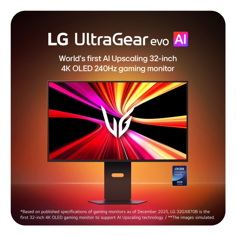 LG UltraGear Evo AI 32GX870B-B 31,5 colio Tandem OLED žaidimų monitorius, 4K 240Hz / FHD 480Hz, HDR500, USB-C 90W