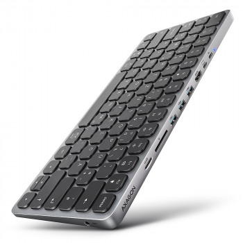 AXAGON HMC-KB-GE USB-C 5Gbps klaviatūra su 9-in-1 stotele, vokiškas išdėstymas, HDMI 4K, Gigabit Ethernet, 100W PD, kortelių skaitytuvu, juoda