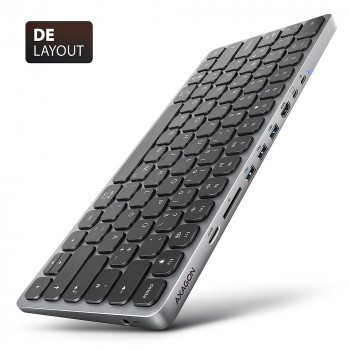 AXAGON HMC-KB-GE USB-C 5Gbps klaviatūra su 9-in-1 stotele, vokiškas išdėstymas, HDMI 4K, Gigabit Ethernet, 100W PD, kortelių skaitytuvu, juoda