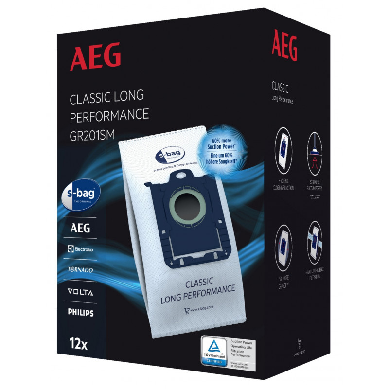 AEG GR201SM s-bag Classic Long Performance dulkių siurblio maišeliai, 8 vnt., mėlyni/balti, VX4 serijai, 900 168 824