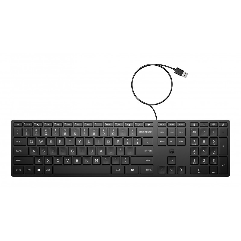 HP Desktop 320K Laidinė USB klaviatūra - Belgijos AZERTY išdėstymas, juoda, viso dydžio su skaičių klaviatūra, atspari išsiliejimui, skirta thin client ir staliniams kompiuteriams (9SR37AA#AC0)