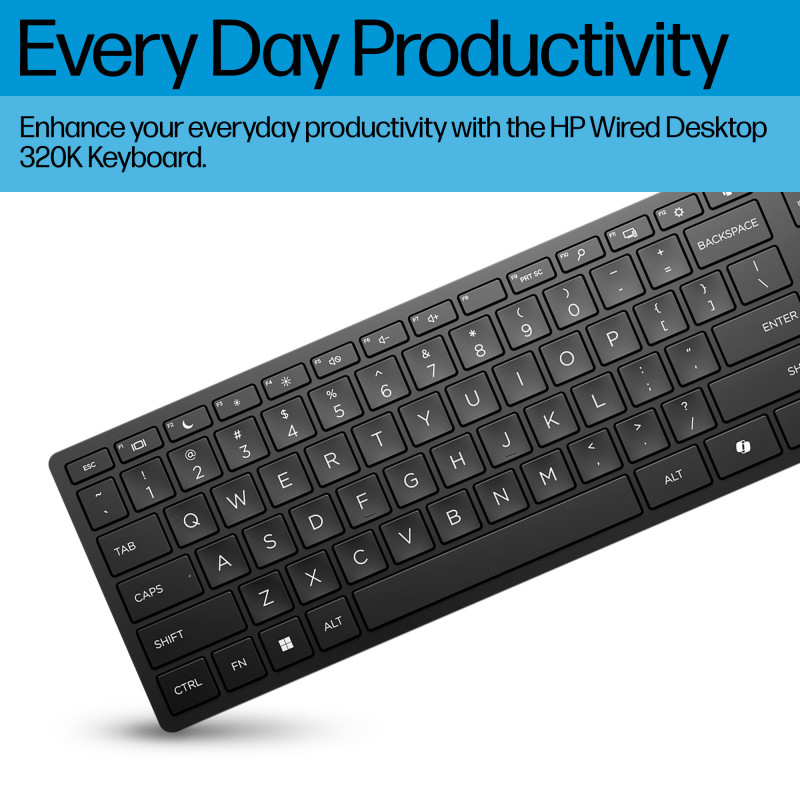 HP Desktop 320K Laidinė USB klaviatūra - Belgijos AZERTY išdėstymas, juoda, viso dydžio su skaičių klaviatūra, atspari išsiliejimui, skirta thin client ir staliniams kompiuteriams (9SR37AA#AC0)