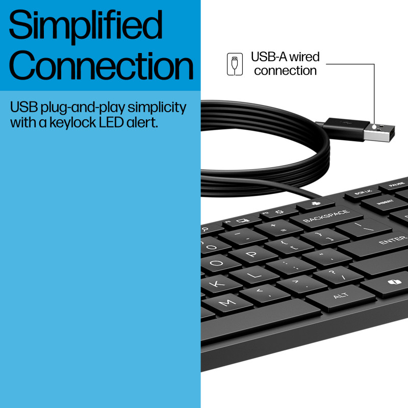 HP Desktop 320K Laidinė USB klaviatūra - Belgijos AZERTY išdėstymas, juoda, viso dydžio su skaičių klaviatūra, atspari išsiliejimui, skirta thin client ir staliniams kompiuteriams (9SR37AA#AC0)