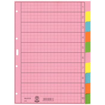 LEITZ A4 10 dalių tušti indeksų skirtukai, įvairiaspalviai, 130 gsm, sustiprintos skylutės 4340-00-00