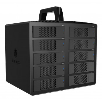 ICY BOX IB-3710-C31 10 vietų USB 3.2 Gen 2 JBOD išorinis korpusas 2,5 colio/3,5 colio SATA HDD/SSD, Single Mode, USB-C į C kabelis, 200 W maitinimo šaltinis, juodas