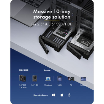 ICY BOX IB-3710-C31 10 vietų USB 3.2 Gen 2 JBOD išorinis korpusas 2,5 colio/3,5 colio SATA HDD/SSD, Single Mode, USB-C į C kabelis, 200 W maitinimo šaltinis, juodas