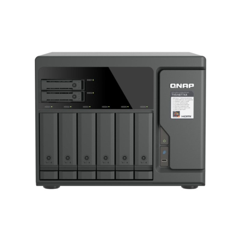 QNAP TVS-H877AX-R5-16G 8 skyrių QuTS hero NAS, AMD Ryzen V1500B, 16GB RAM, 2x2.5GbE, 2U Rackmount