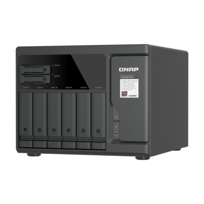 QNAP TVS-H877AX-R5-16G 8 skyrių QuTS hero NAS, AMD Ryzen V1500B, 16GB RAM, 2x2.5GbE, 2U Rackmount