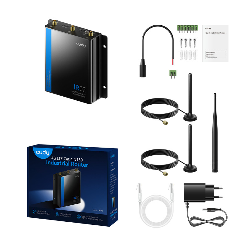 Cudy IR02 Industrial 4G LTE Cat 4 maršrutizatorius, Dual SIM, 2x Ethernet, DIN bėgelio tvirtinimas, EU IR02_EU