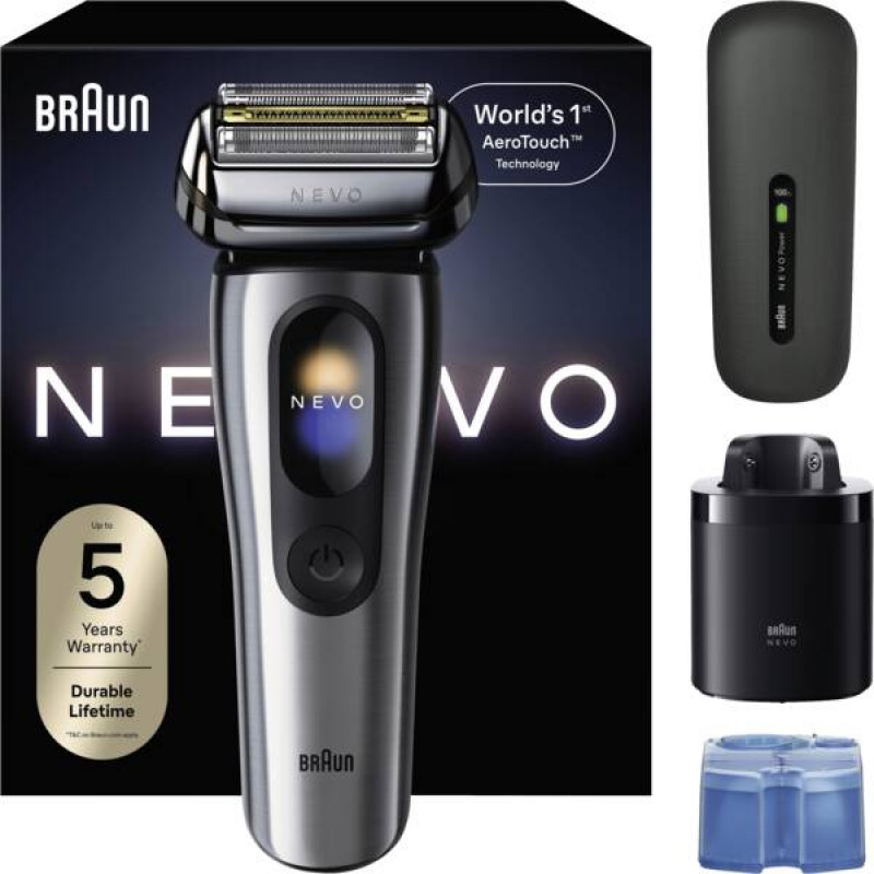 Braun NEVO 17000cc elektrinė skutimosi mašinėlė su Clean&Charge stotimi, 5 režimai, 360° galvutė, chromo/sidabro spalvos 349659