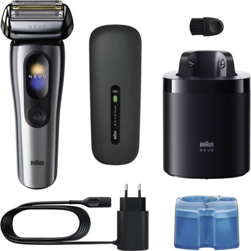 Braun NEVO 17000cc elektrinė skutimosi mašinėlė su Clean&Charge stotimi, 5 režimai, 360° galvutė, chromo/sidabro spalvos 349659