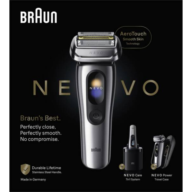 Braun NEVO 17000cc elektrinė skutimosi mašinėlė su Clean&Charge stotimi, 5 režimai, 360° galvutė, chromo/sidabro spalvos 349659