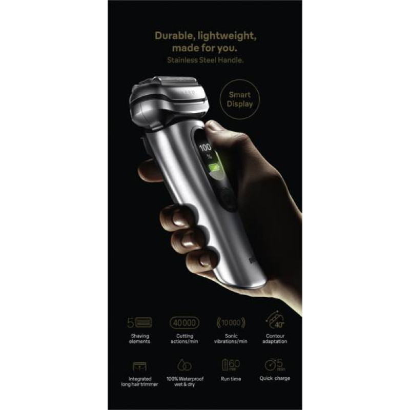 Braun NEVO 17000cc elektrinė skutimosi mašinėlė su Clean&Charge stotimi, 5 režimai, 360° galvutė, chromo/sidabro spalvos 349659