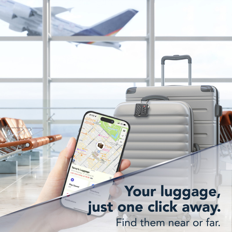 Cellularline TRACY LOCK išmanusis spyninis užraktas su Bluetooth sekikliu per Apple Find My, juodas 61302