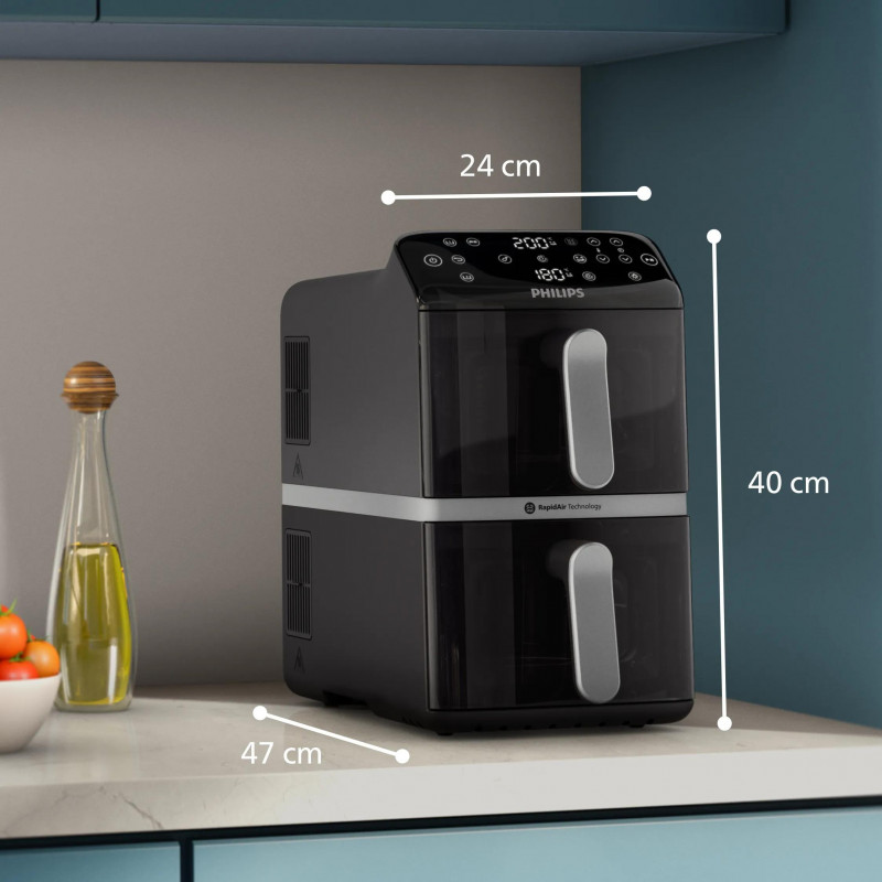 Philips Ovi Stacked Dual Basket 4000 oro gruzdintuvė 9L 2700W juoda ir sidabro spalvos NA461/00